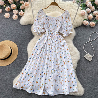 Vestido Feminino Casual De Cintura Alta Com Mangas Bufantes De Gola Quadrada Estilo Coreano