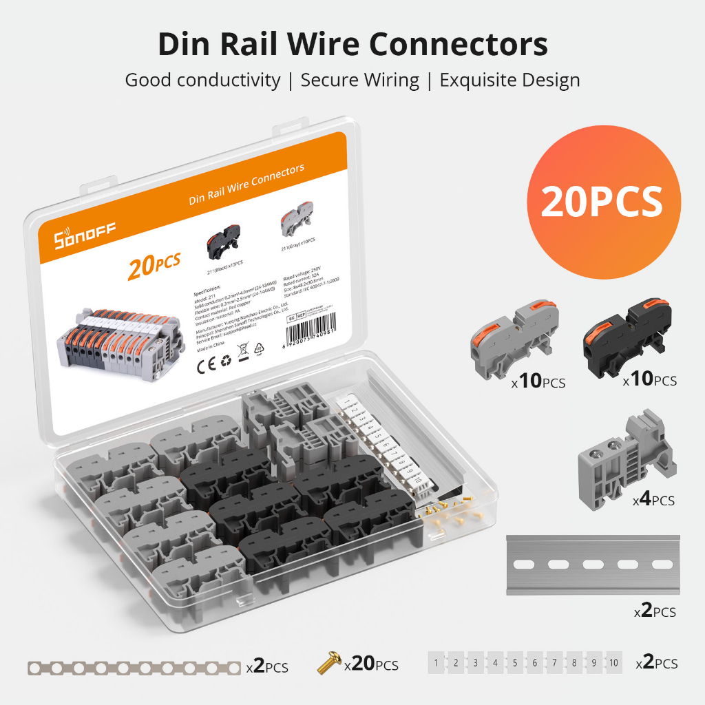 SONOFF Conector De Fio Din Rail 211/D1-1 2 Bloco Terminal De Fiação Compacto Universal Para Conexão De Cabo Elétrico - Home Appliances