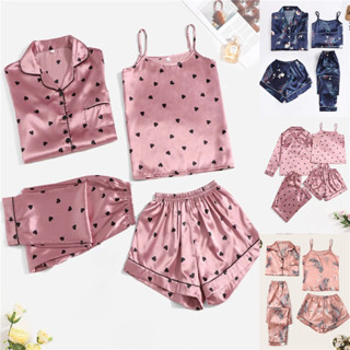Conjunto De Pijamas De Seda De 4 Peças Para Mulheres Noite sexy Usam Calções De Sexo Calça De Manga Comprida Pijama De Cetim