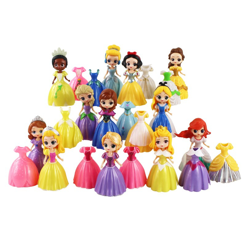 24Pcs/Set Disney Princesa Branca De Neve Elsa Anna Rapunzel Jasmim Cinderela Sofia Ariel Mulan Troca De Roupas Q Versão PVC Figuras De Ação Brinquedos Bolo Modelo Bonecas Presentes