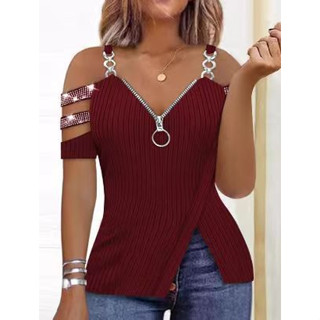 Summer New Style T-Shirt com zíper em V com corrente metálica com pescoço em V Sexy Strapless Ladies Top 2023