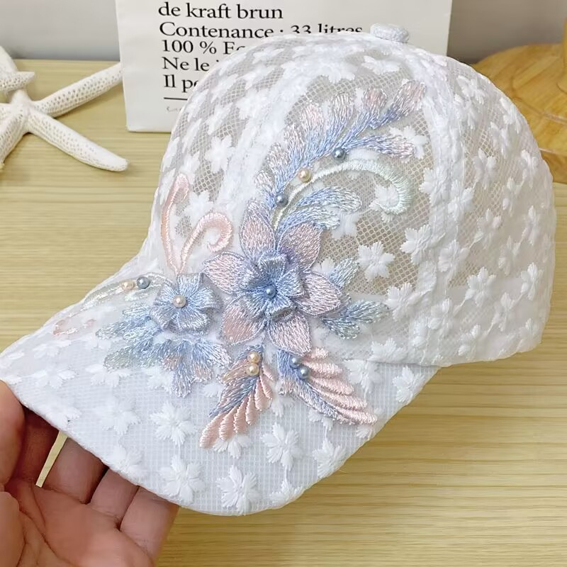 Chapéu de Sol Feminino Chapéu de Renda Fina Boné de Basebol Bordado com Flores chapéu country feminino elegante
