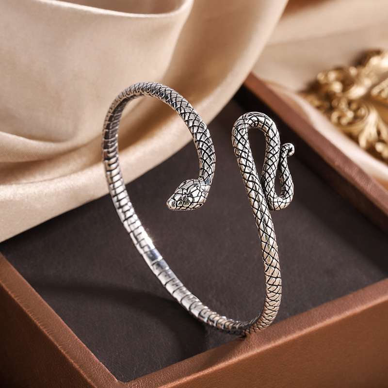Retro 925 Sterling Silver Snake-Shaped Animal Fêmea Fêmea Aberta Thai Silver Bracelet LB037 em Oferta na Shopee