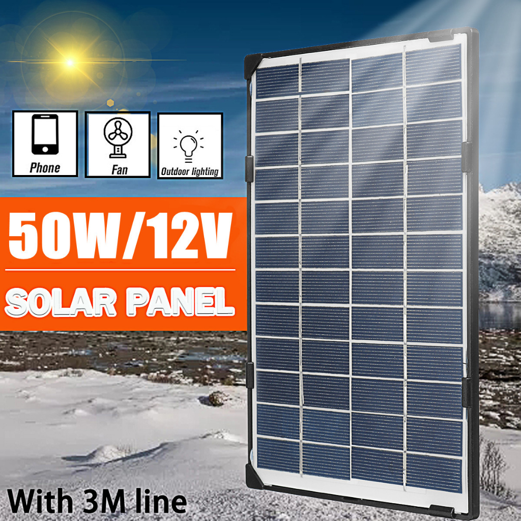 Carregador De Bateria De Painel Solar De 50W 12V Silicone Policristalino Para Carro De Barco RV Câmera De Camping Exterior Com Cabo De 3m