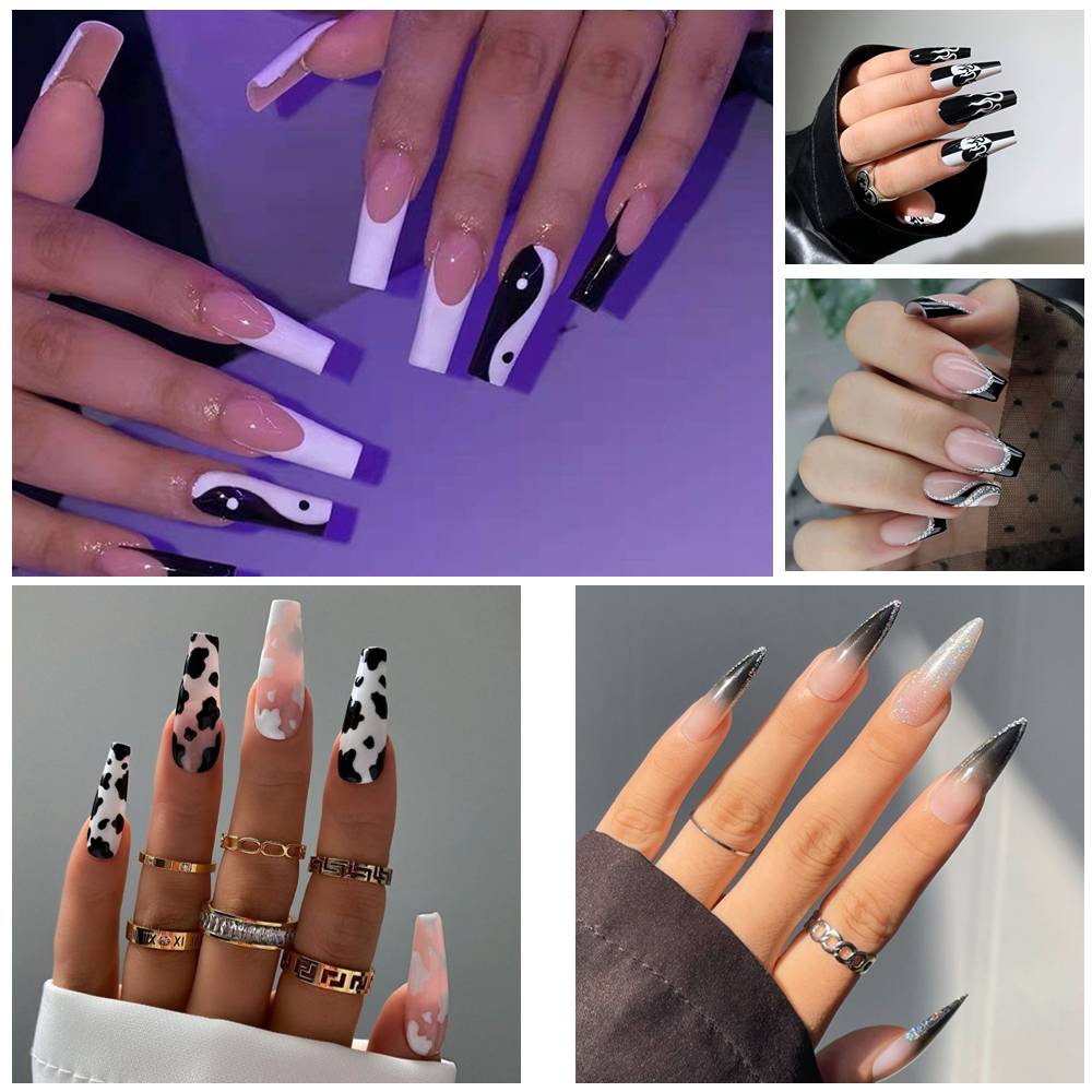 MAIS 24 Pçs/Set Caixão Longo Unhas Postiças Bailarina Acrílico Manicure Branco E Preto Cores Misturadas em Oferta na Shopee