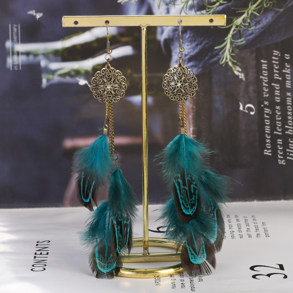 Brincos De Pena Verde Boêmios Retro Antigos Flores Ocas Antigas Pendurar Longos Acessórios De Bijuteria Para Casamento Feminino