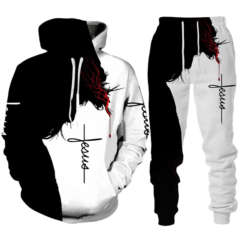 Novo Conjunto De Capuzes Da Moda Masculina Jesus Love Every Christian 3D Calças De Capuz Impressas Unisex Harajuku Esportes De Lazer De Rua