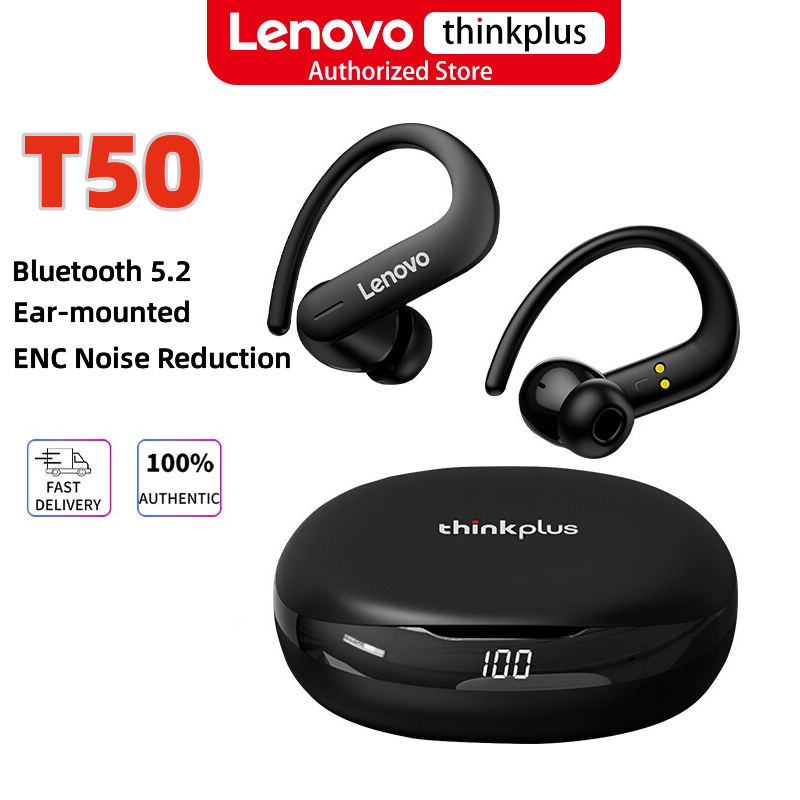 Fone De Ouvido Sem Fio Lenovo T50 À Prova D'água Com Microfone Jogo De Corrida Esportiva Fone HiFi Redução De Ruído Bluetooth5.2