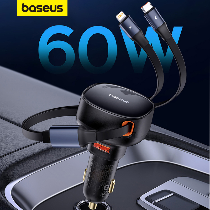 Carregador De Carro Baseus 60W Retráctil De Carga Rápida Tipo C & Cabo iP Embutido em Oferta na Shopee