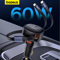 Carregador De Carro Baseus 60W Retráctil De Carga Rápida Tipo C & Cabo iP Embutido