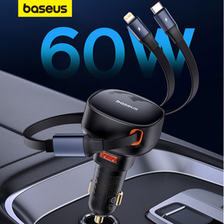Carregador De Carro Baseus 60W Retráctil De Carga Rápida Tipo C & Cabo iP Embutido