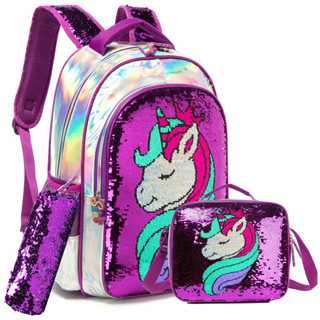 Mochila Para Meninas Unicórnio Reversível Conjunto De Lantejoulas Mágica Glitter Escolar Leve Bling Kids