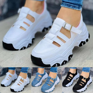 Tênis Feminino Da Marca 2023 Outono Novo Fundo Cor Contraste Grosso Fivela De Camurça Euro-Americana Casual