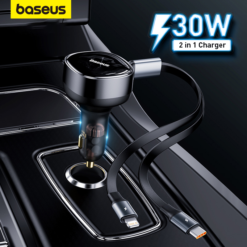 Carregador De Carro Baseus 30W 2 Em 1 Cabos De Carregamento Rápido Retrátil Duplo Embutidos - Automobiles