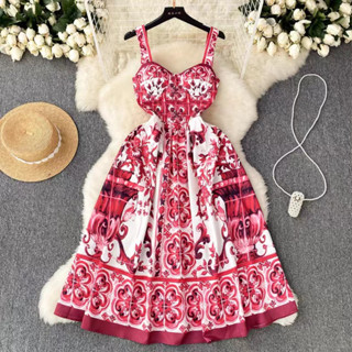 D G Retro Celadon Estampa Cintura Estreita Sem Mangas Vestido De Linha a