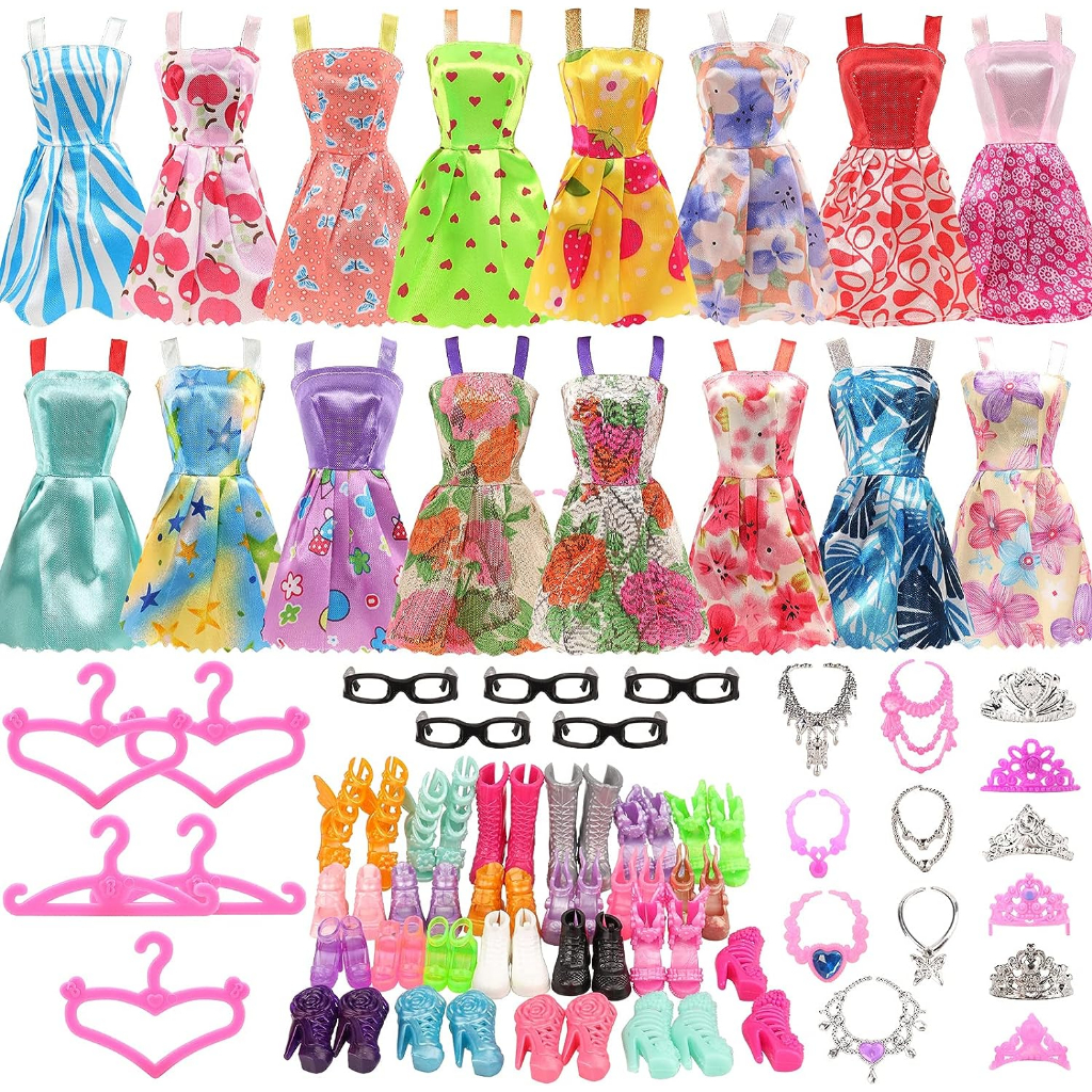 LOVE BABY-42 Unid . Roupas E Acessórios Incluindo 10 pcs Mini Vestidos Da Moda 32 Sapatos , Óculos , Colares , Bolsa De Mão , Para Boneca De Menina De 30 cm