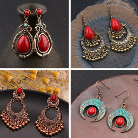Brincos Geométricos De Pedra Vermelha Étnica Em Forma Vintage Antigos Tassel Esculpidos Ouro Para Jóias Femininas