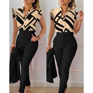Elegante Conjuntos Femininos Slim De Duas Peças Moda De Verão Primavera Impressão V Botão De Pescoço Camisa De Manga Voadora Fatos De Cinto
