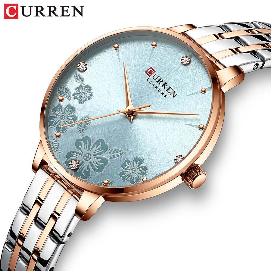 CURREN Relógio feminino de aço inoxidável com design de pétalas e quartzo à prov