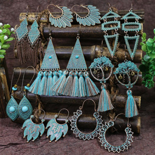 Brincos Geométricos Retro Bronze Irregulares Tassel 2024 Étnicos Femininos Boho Turquesa Triângulo Liga Indiana Jhumka Jóias