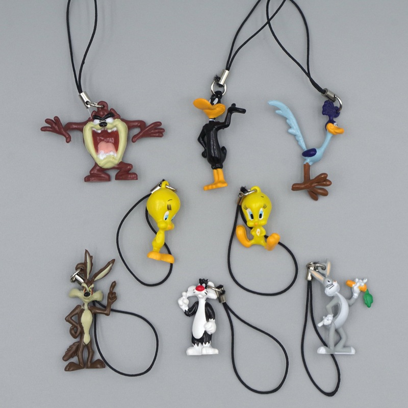 8Pcs/Set 3-5cm Desenho Animado Anime Figura Pernalonga Bunny Coyote Roadrunner Tasmanian Devil Daffy Duck Cell Phone lanyard Q Versão PVC Figuras De Ação Modelo Doll Toys