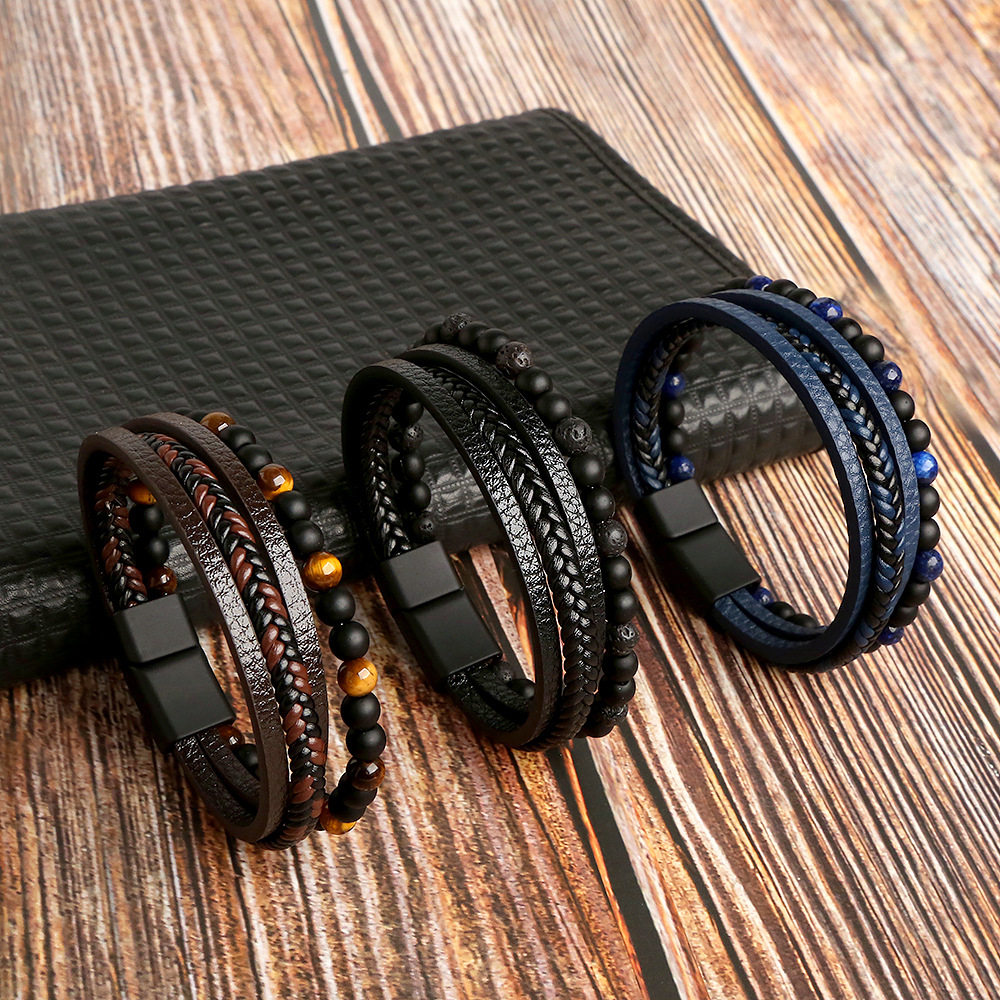 Retro Natural Stone Beaded Bracelet For Men Pu Pulseiras De Couro Jóias Presentes Punk Lapis Lazuli Tiger Eye Obsidian