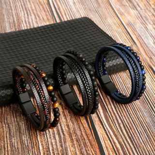 Retro Natural Stone Beaded Bracelet For Men Pu Pulseiras De Couro Jóias Presentes Punk Lapis Lazuli Tiger Eye Obsidian em Oferta na Shopee