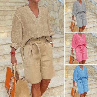 Calções De Linho De Algodão Casual Feminino Conjunto De 2 Peças/Bolso Elástico De Cintura Em V Colorido