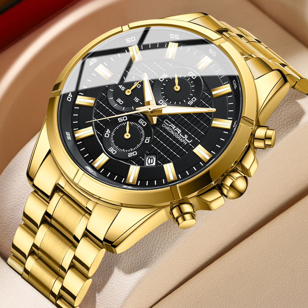 Novo Relógio CRRJU Masculino Marca Original Autêntico Multifuncional Mãos Luminosas À Prova D'água Discador Cronógrafo De Aço Inoxidável Quartzo D'água 2308 X - Watches