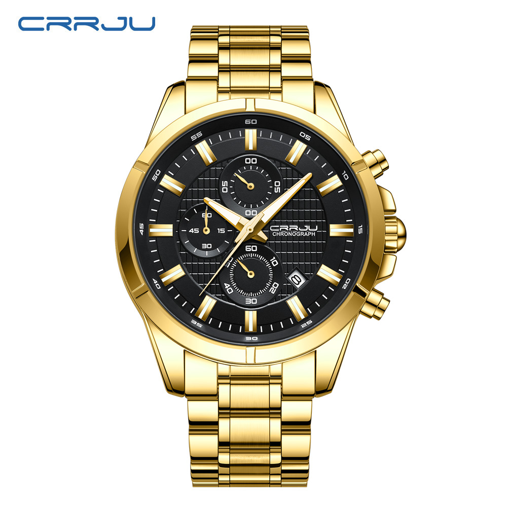 Detalhes do Novo Relógio CRRJU Masculino Marca Original Autêntico Multifuncional Mãos Luminosas À Prova D'água Discador Cronógrafo De Aço Inoxidável Quartzo D'água 2308 X