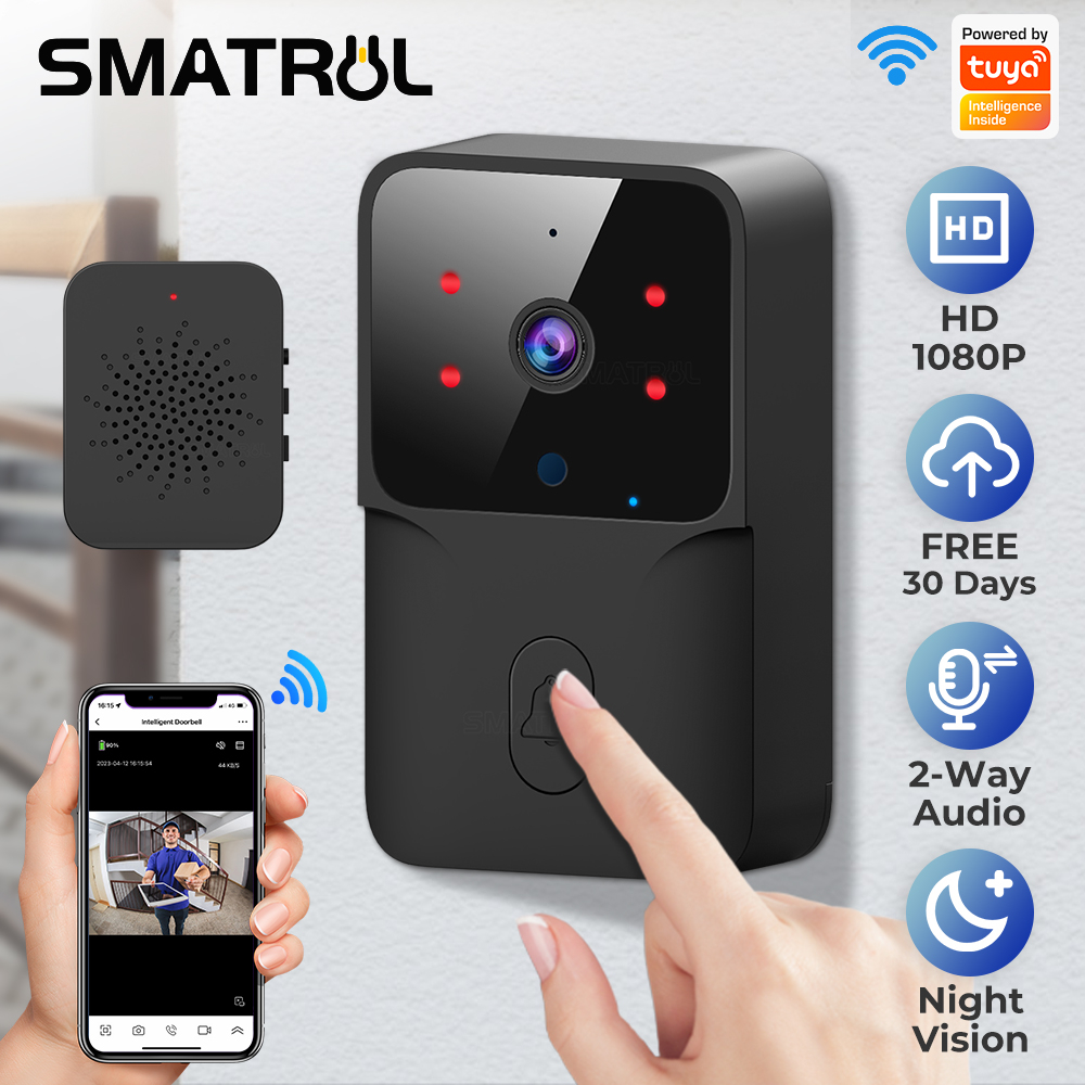 SMATRUL Campainha Com Câmera Vídeo Porteiro Sem Fio Wi-Fi HD Inteligente Smart