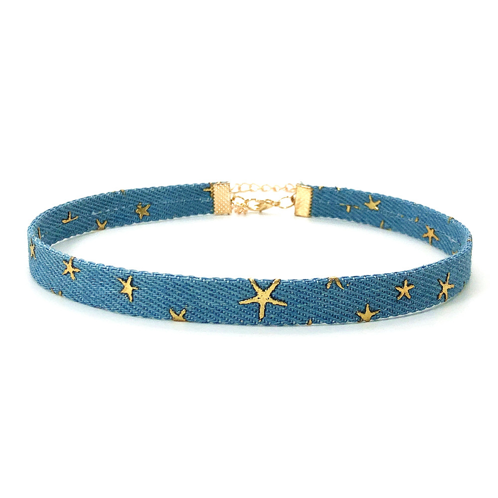 Novo Punk Ladies Simples Punk Ladies Nepalese Ethnic Bohemian Light Blue Denim Fabric Star Short Chain Literário Ladies Girlfriends Colar Retro Men Colar Tecido Jóias