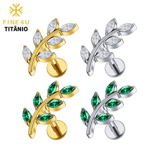 FINE4U Piercing Helix Titânio 6-10mm Com Folha CZ PVD Para Conch Flat Lobe 18K Ouro 6-10mm Hipoalergênica