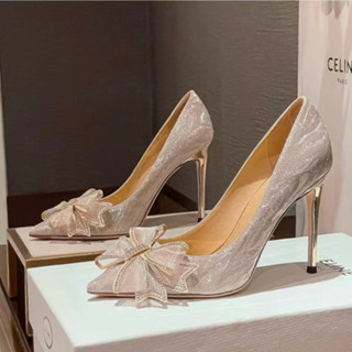 Bowknot High Salto Alto Feminino Slender Heel Wedding Versão Coreana Sapatos De Banquete De Noiva De Prata