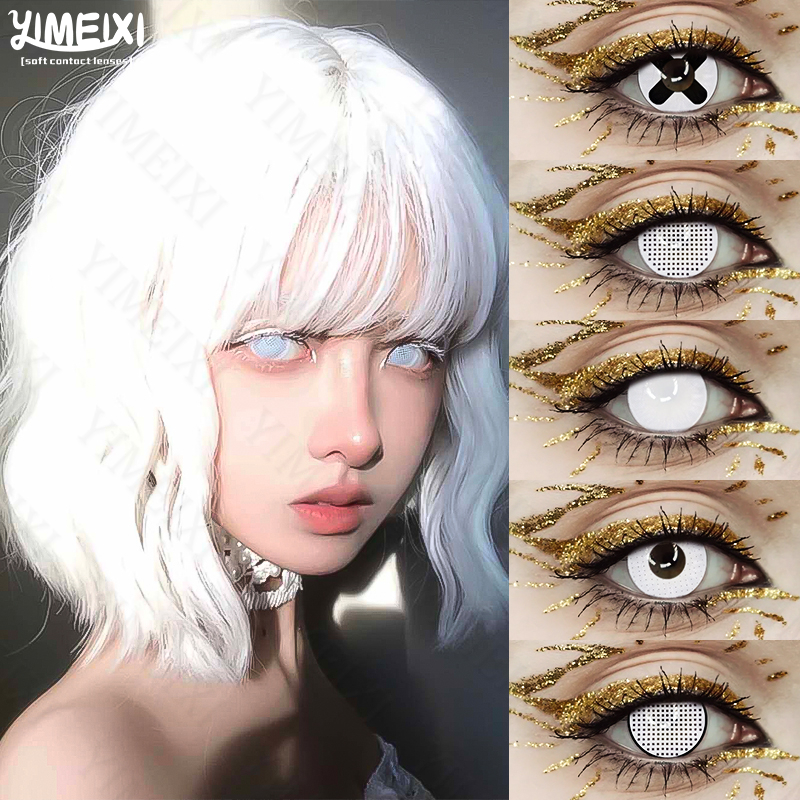 Lentes De Contato cosplay 14,5mm Halloween Cor De Grande Diâmetro Desenho Animado anime Pretas Brancas Estilo Terrificante Todos Os Olhos Brancos Alunos Bonitos Realistas
