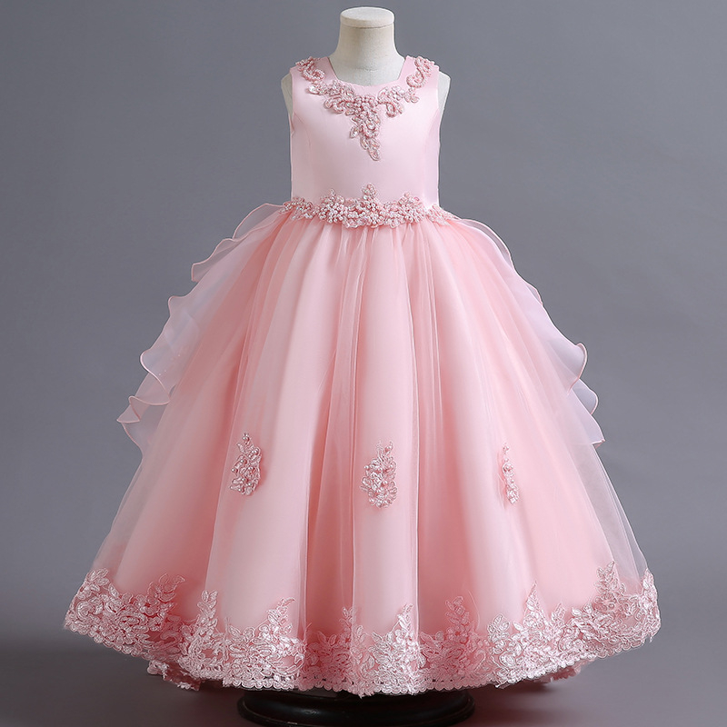 Vestido De Noiva Pérola Para Meninas Princesa De 4-12 Anos De Idade Big Bow Sleeveless Puffy Dress Banquet Host High end