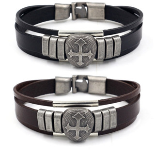 Vintage Fashion Leather Cowhide Multi Layer Woven Tecido De Aço Inoxidável Cross Men