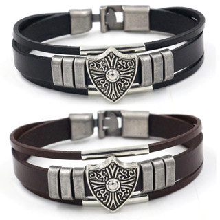 Vintage Fashion Leather Weaving Cross Shield Multi Layered Men