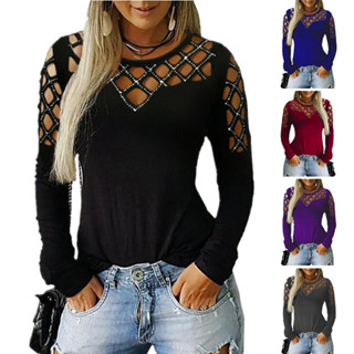 Blusa Feminino Outono/Inverno Camiseta Básica casual De Manga Longa Cor Lisa Com Strass