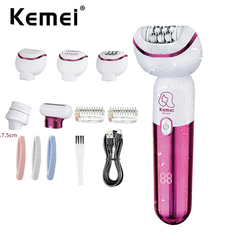 Depilador Kemei Para Mulheres 5-IN-1 Recarregável Pernas Depiladoras Braços Armpit Bikini Shaver Callus Removedor Massagem Limpeza Facial - Beauty