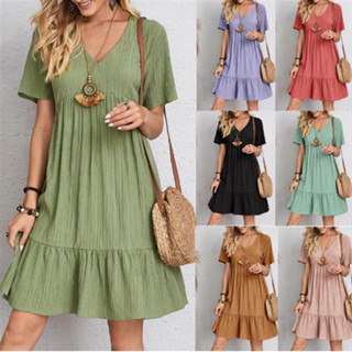 [Enviado em 24 horas] Vestido De Manga Curta Casual Verão Solto Com Babados