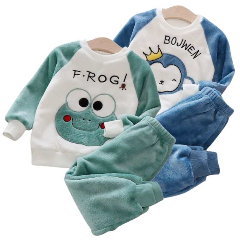 Meninos Bebês Meninas Inverno Mais Flanela Grossa De Veludo Fato De Dormir Crianças Quente 2Pcs