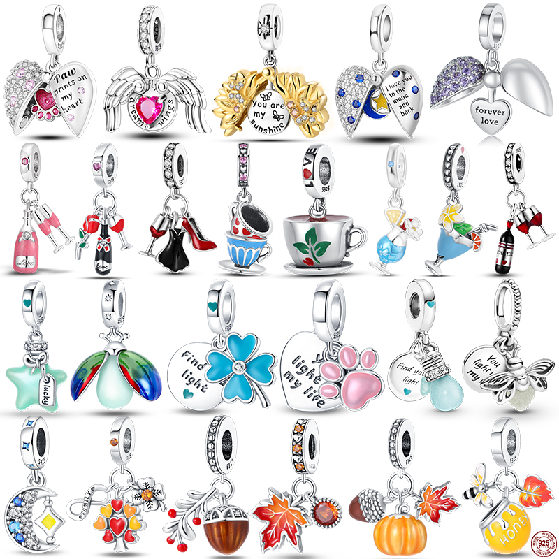 Venda A Quente 925 Corações Voadores De Prata 925 Libras Esterlinas Brilho Com Encantos Do Céu Estrelado Vidros Tintos Encaixam As Contas De Encanto Original Pulseira DIY 925 Jóias Presentes De Outono