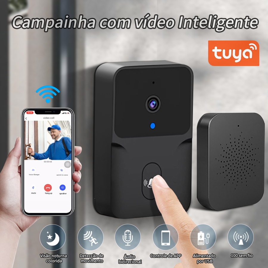 Campainha Inteligente com câmera Wi-Fi padrão Tuya: Atenda pelo smartfone 