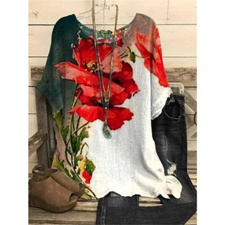 Camiseta O-Neck Oversized Tops 2024 Elegante Imagem De Impressão De Flores Femininas Vestuário De Rua Summer and Autumn Casual Short Sleeve Tees Harajuku Pullover Feminino
