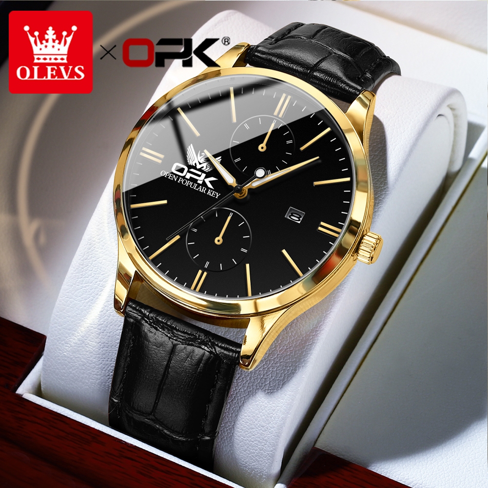 OLEVS 8159 Relogio Masculinos De Quartzo De Luxo À Prova D'água Chronograph Preto Marrom Couro Original - Watches