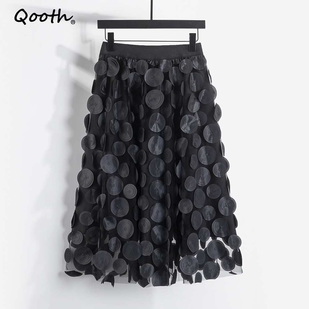 Qooth Women 3D Design Polka Dot Tulle Saia Em Malha Vintage Elástico Cintura 10 Cor Tutu Linha A Longa QT2176