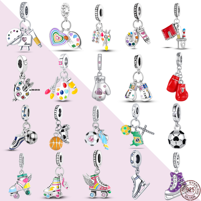 100% 925 Silver Sports Series Basquetebol Esportivo de Prata Basquetebol com Contas de Futebol Charme de Encanto Original Pan Charm Bracelet Ladies Jewelry