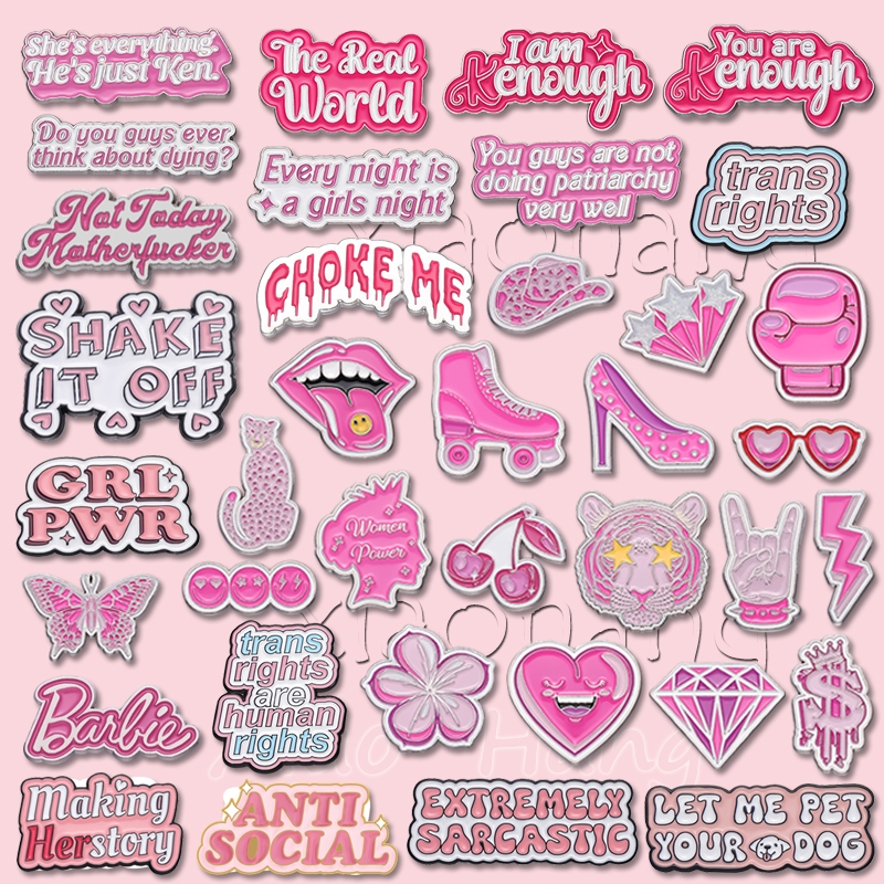 Desenho Animado Texto Cor-De-Rosa Esmalte Pins Mulher Power Brooches Carta Colorida Textos Brochura Pin Lapela Crachás Jóias Presente Para Amigos