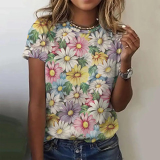 Camiseta De Outono Feminina 3d Floral Impressão O-Neck Casual Harajuku Meninas Manga Curta Roupas De Moda Streetwear